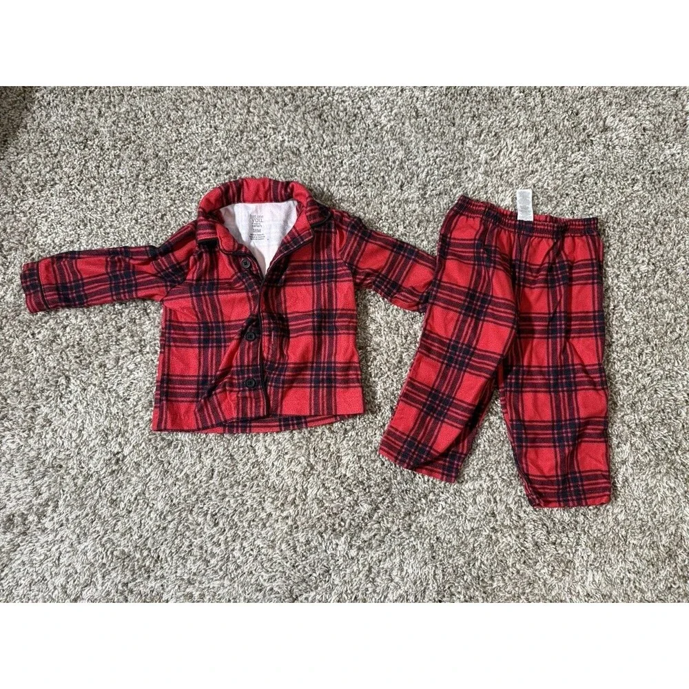 Just One You Carter's Red Black Plaid Fleece Pajamas Set 18M Button Up Toddler